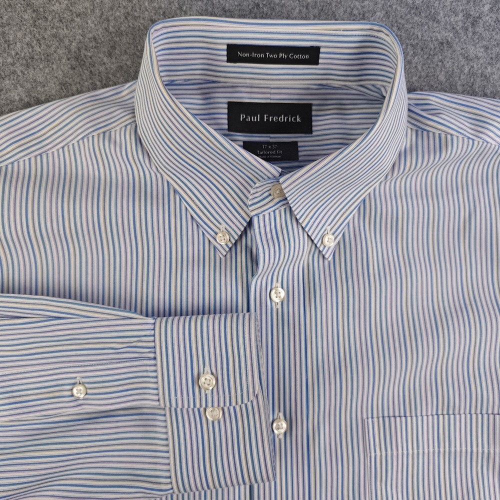 Paul Fredrick Dress Shirt Mens 17 37 Tailored Fit Non Iron Blue Multicolor